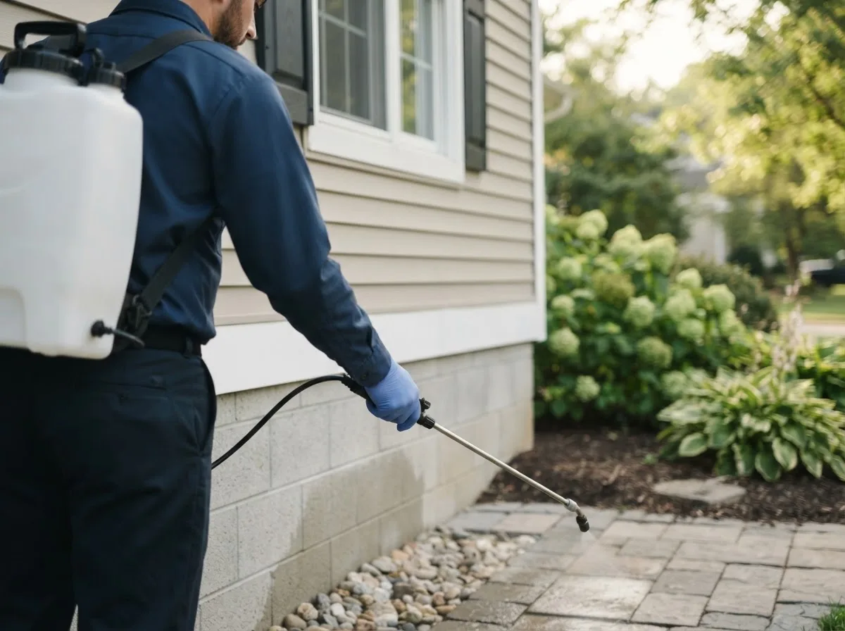 Pest control technician inspecting a home in Fort Covington, NY